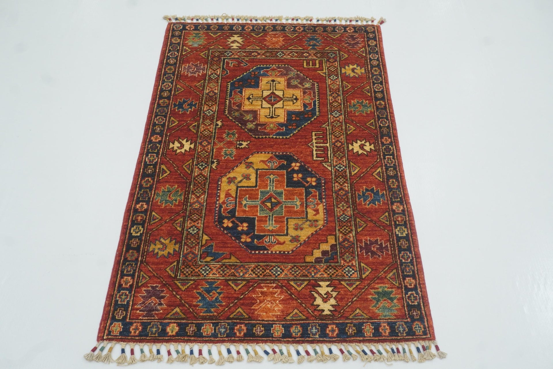 3x4 Red Ersari Hand Knotted Afghan Wool Oriental Rug