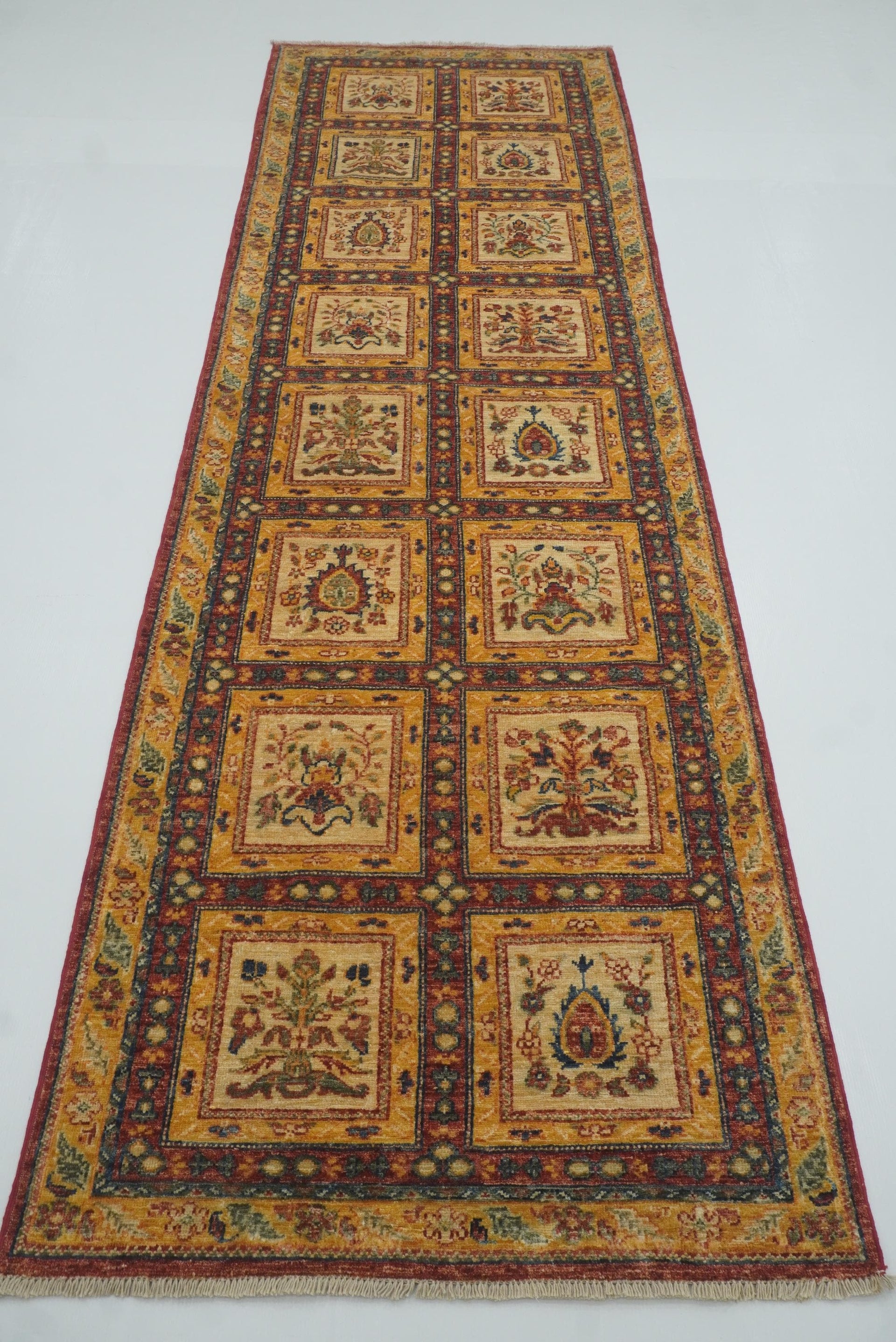 10 ft Beige Hand Knotted Afghan Wool Runner Rug - Yildiz Rugs