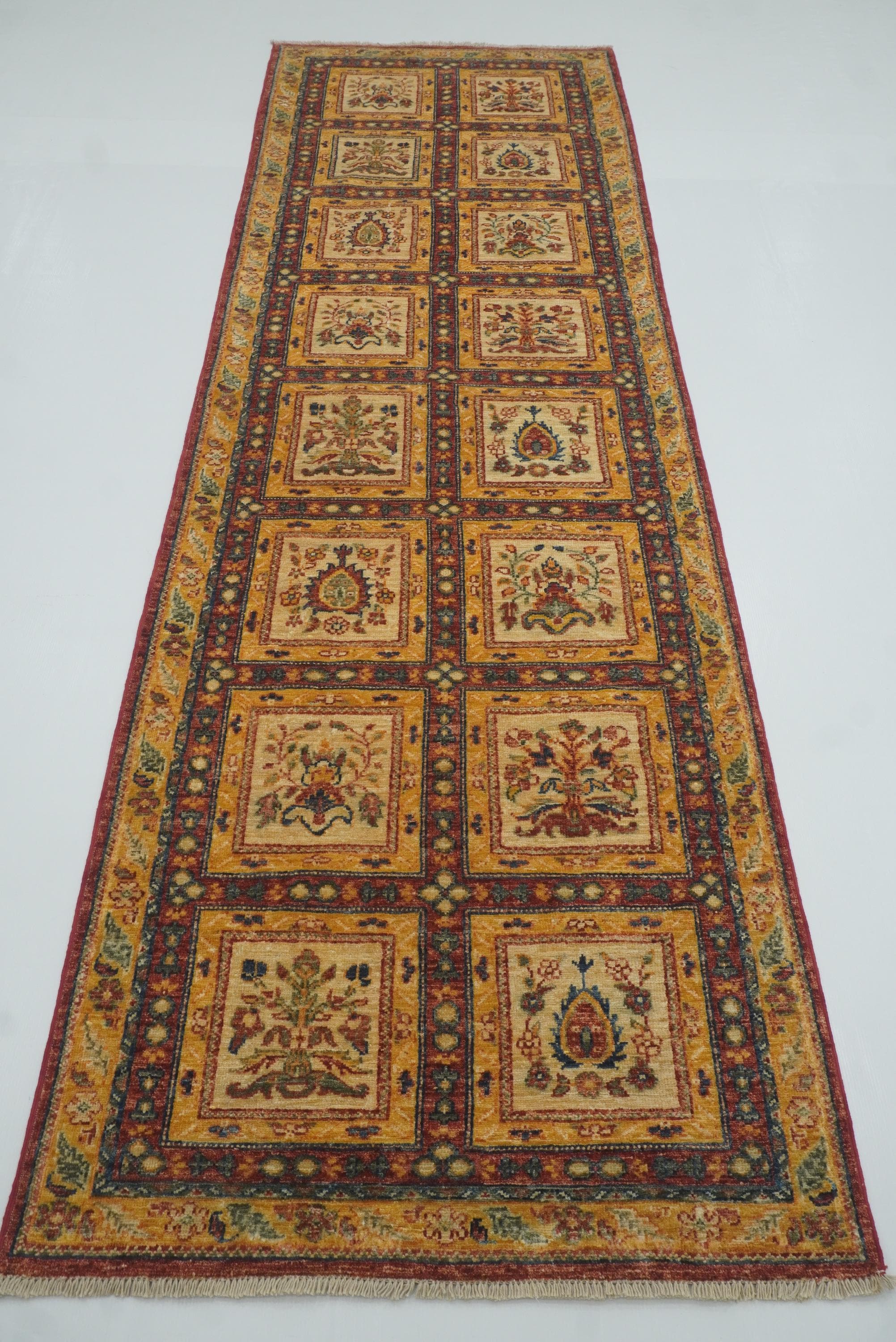 10 ft Beige Hand Knotted Afghan Wool Runner Rug - Yildiz Rugs