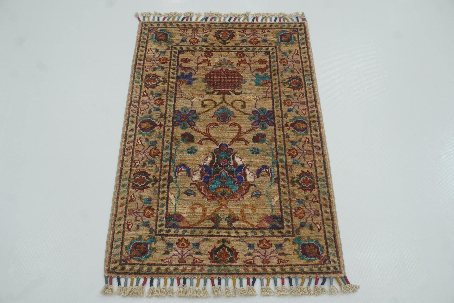 2x3 Beige Afghan Waziri Floral Hand Knotted Wool Rug - Yildiz Rugs