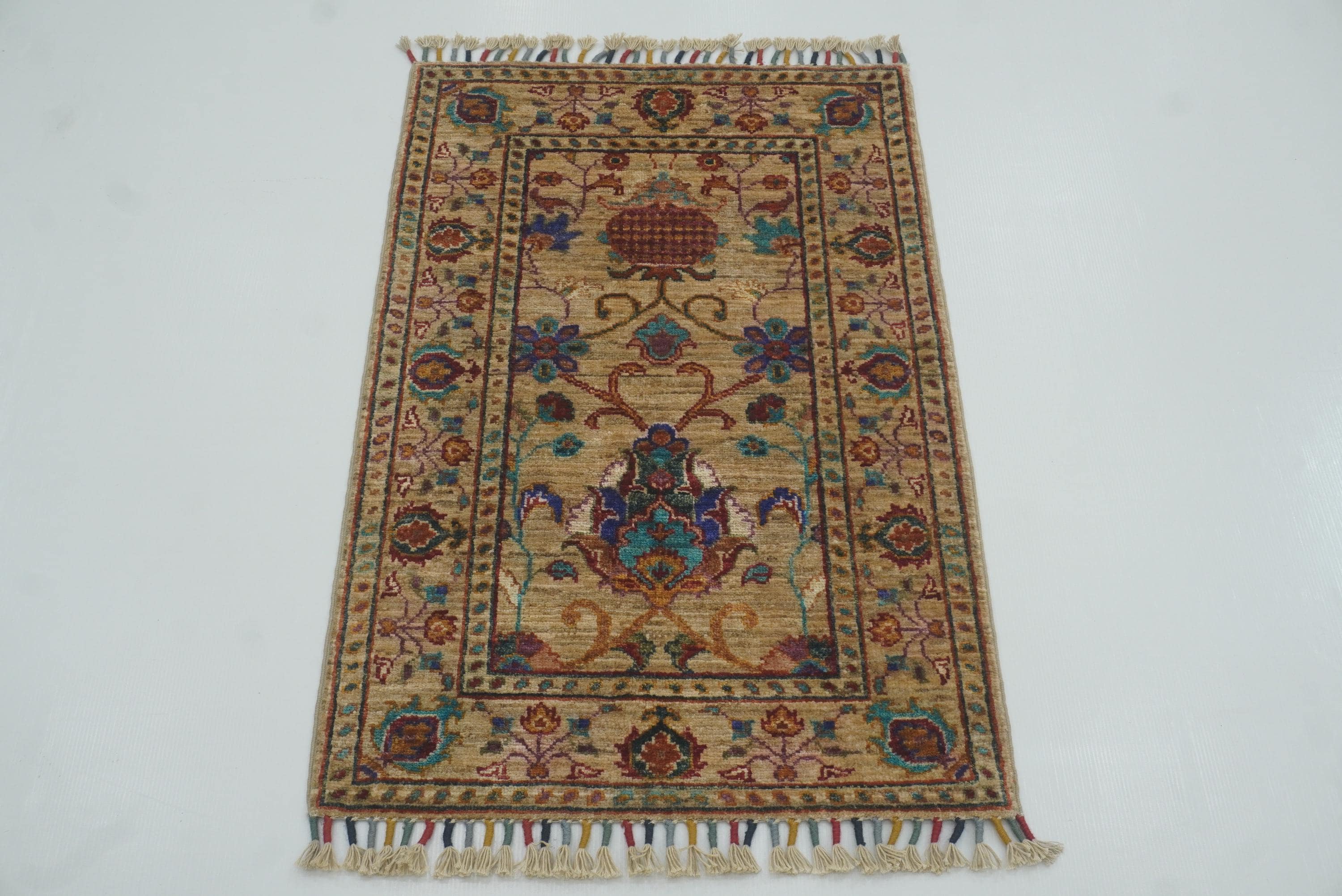 2x3 Beige Afghan Waziri Floral Hand Knotted Wool Rug - Yildiz Rugs