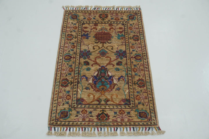 2x3 Beige Afghan Waziri Floral Hand Knotted Wool Rug - Yildiz Rugs