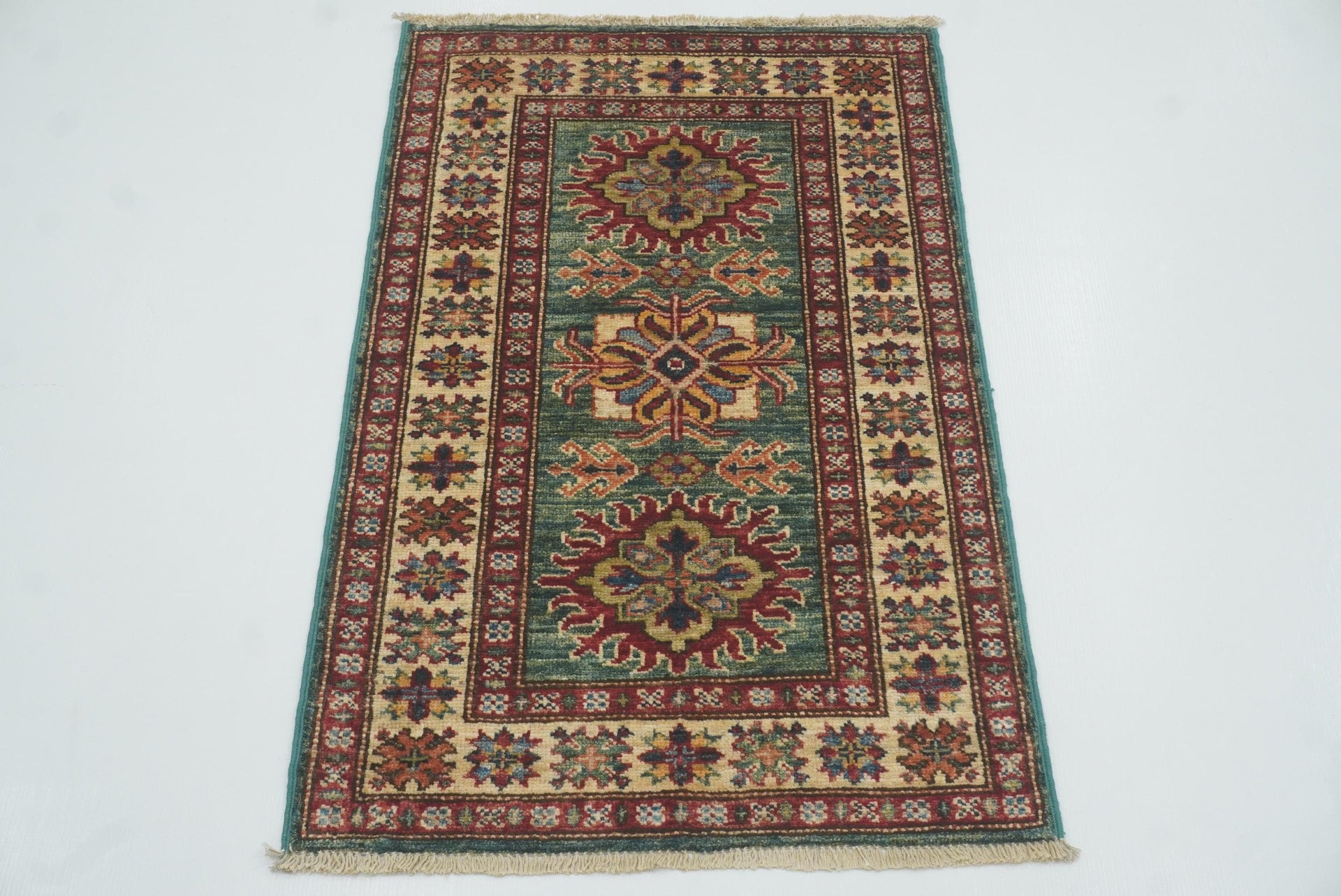 2x3 Green Kazak Hand-Knotted Afghan Small Rug - Yildiz Rugs