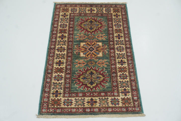 2x3 Green Kazak Hand-Knotted Afghan Small Rug - Yildiz Rugs