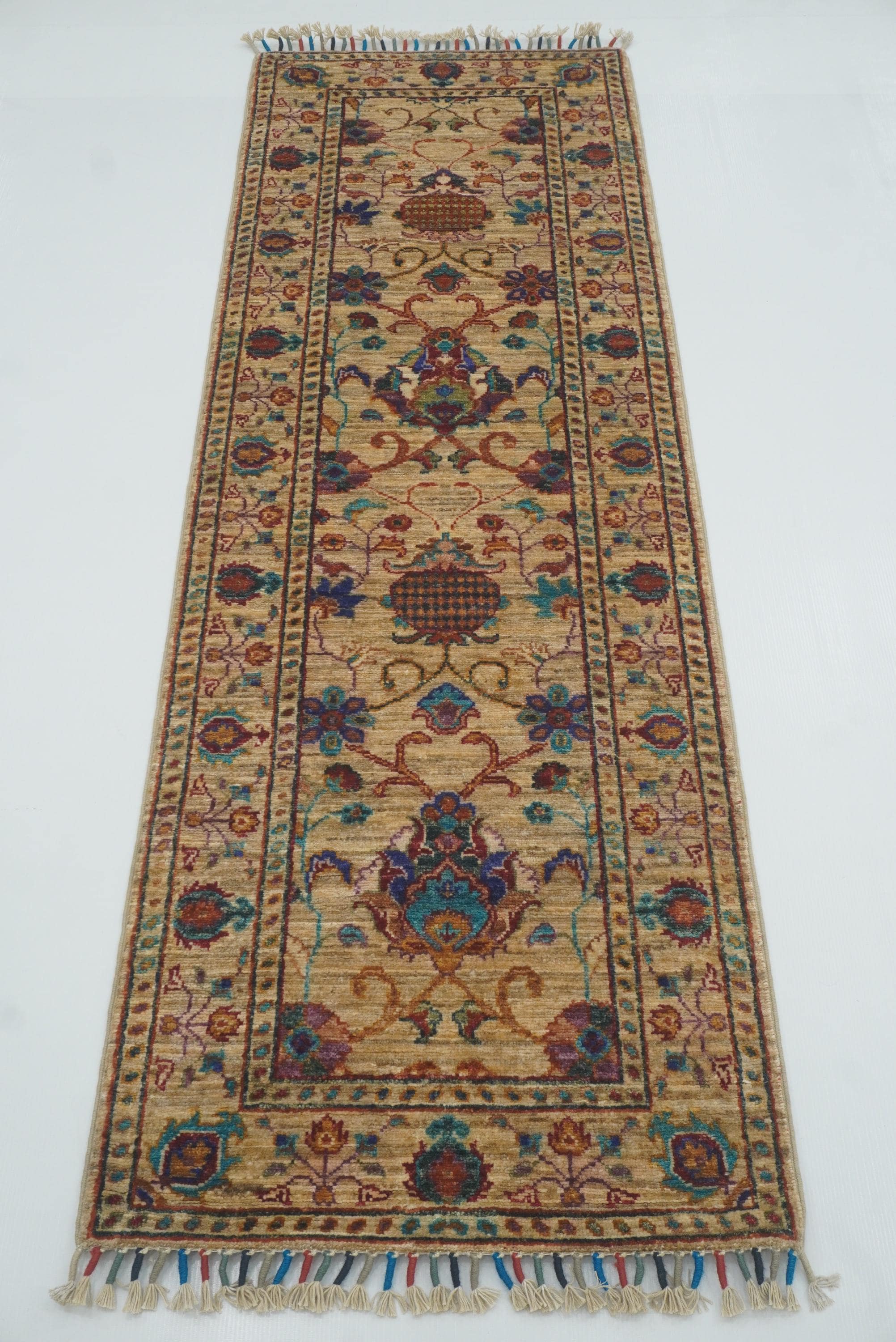 2x6 Beige Waziri Afghan Hand knotted Wool Runner Rug - Yildiz Rugs