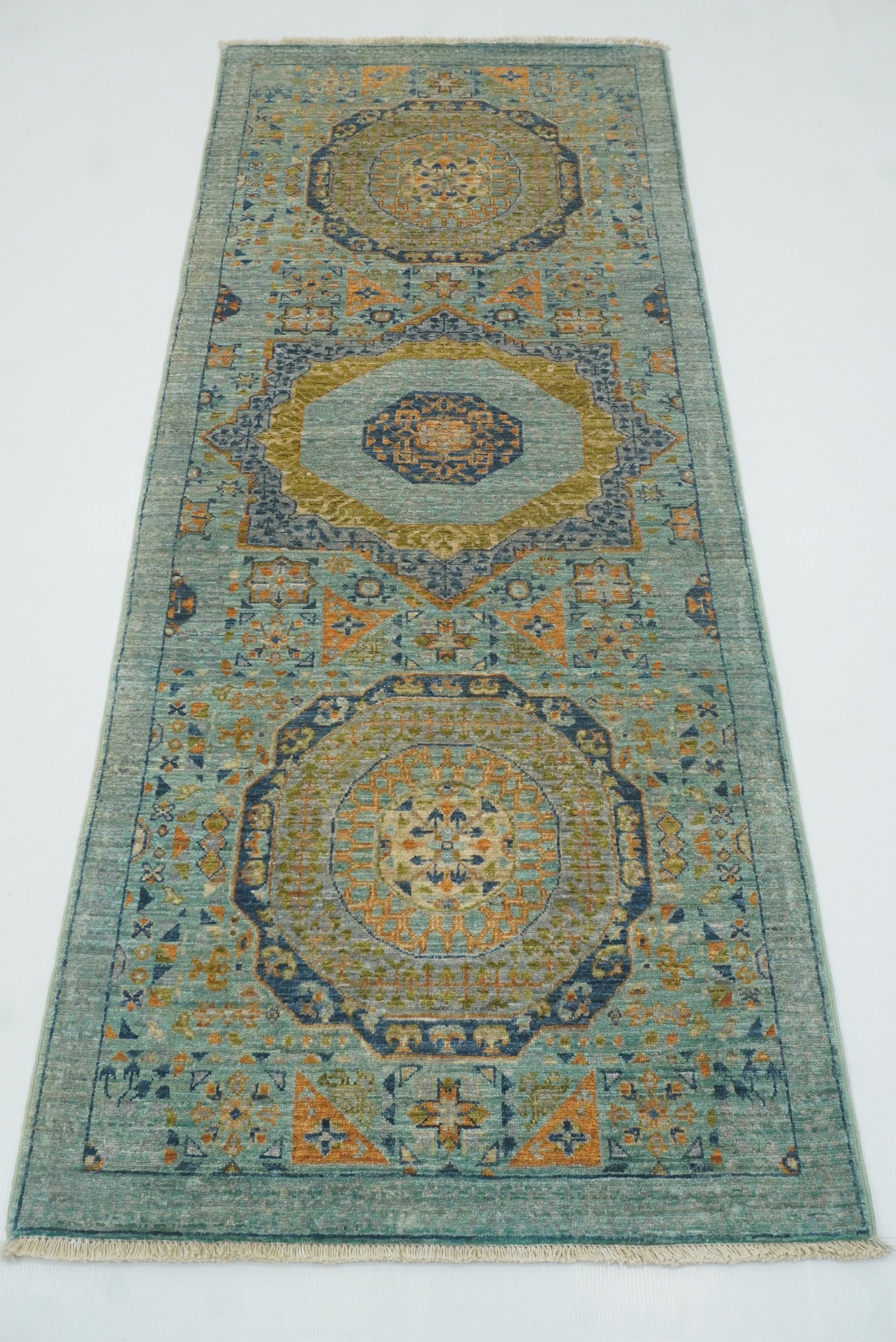 7 ft Mamluk Light Blue Hand-Knotted Runner Rug