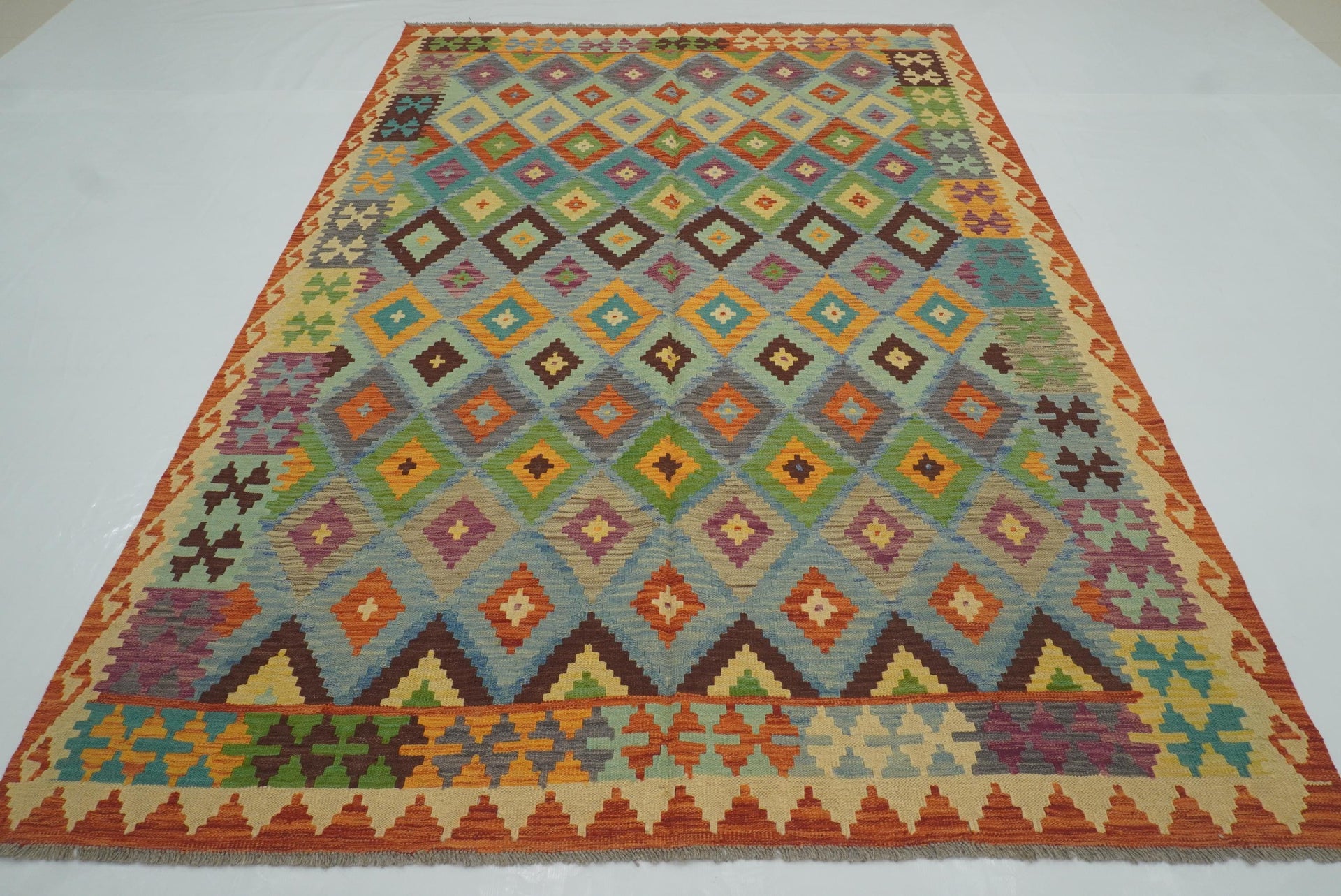 6'9"x9'7" Blue Handmade Afghan Wool Kilim Rug