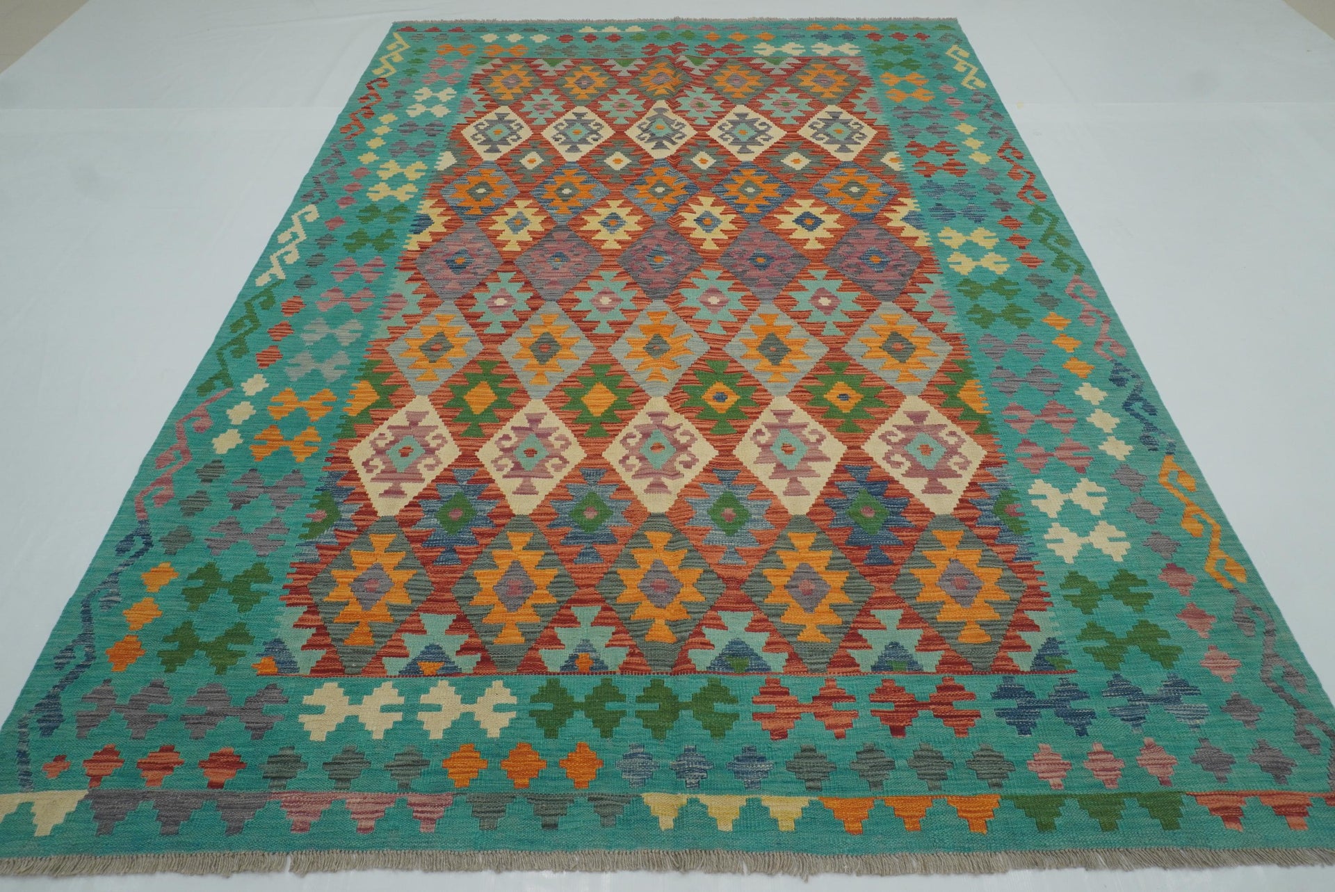 6'11"x9'9" Red Blue Handmade Afghan Wool Kilim Rug