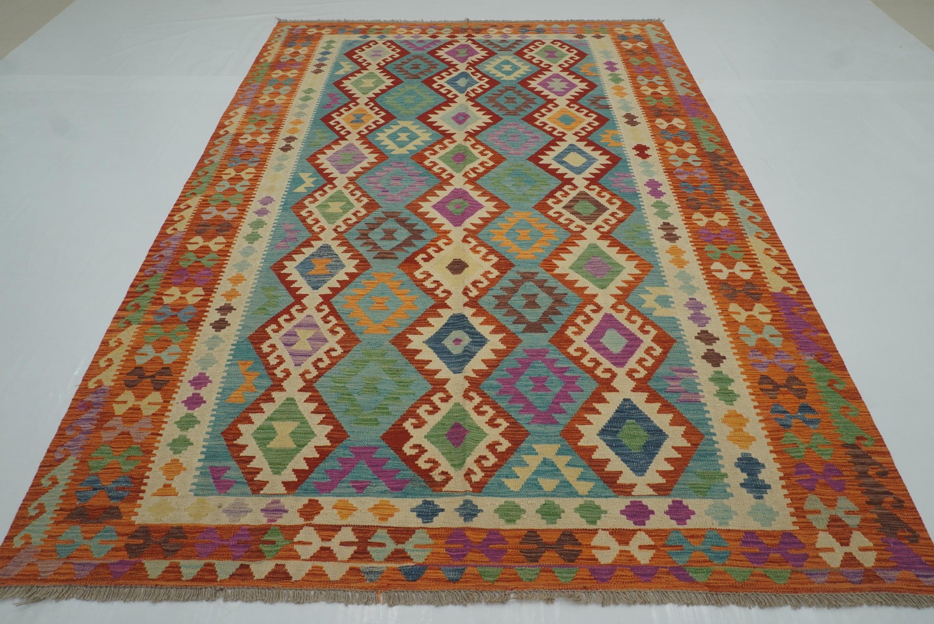 6'11"x9'10" Blue Red Handmade Afghan Wool Kilim Rug
