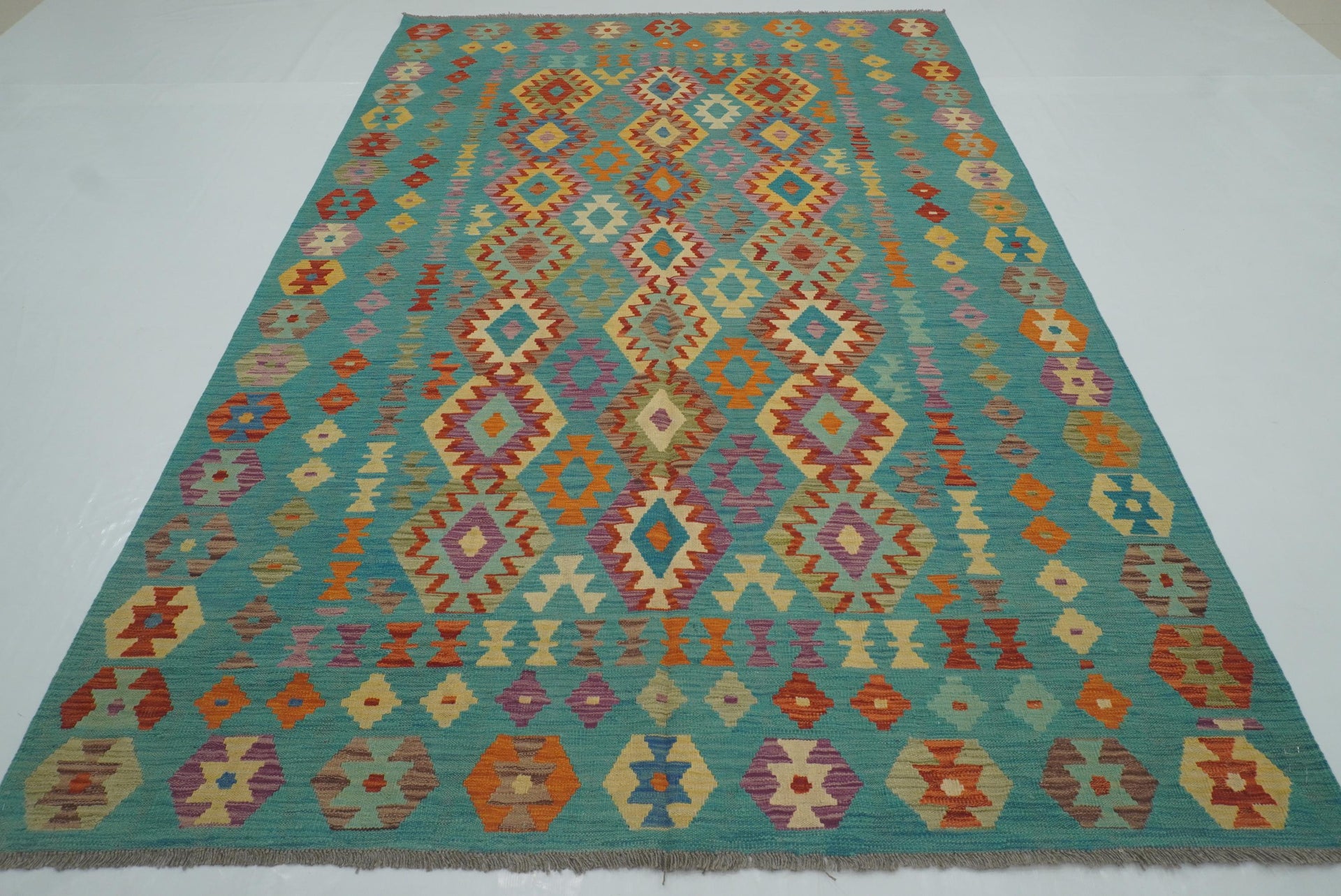6'7"x9'8" Turquoise Blue Handmade Afghan Wool Kilim Rug