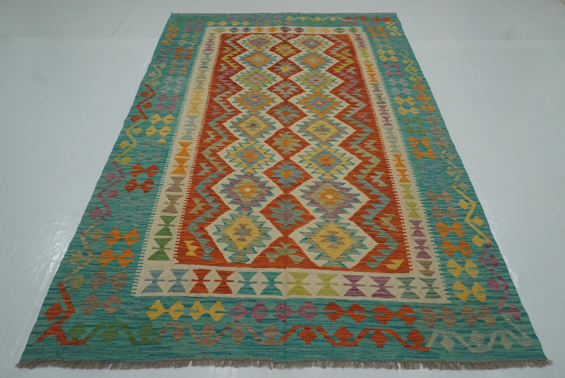 6x9 Red Blue Afghan Handmade Wool Kilim Rug