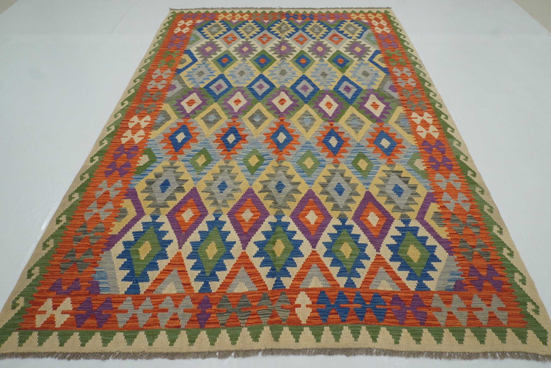6'8"x9'6" Ivory Multicolor Afghan Handmade  Wool Kilim Rug