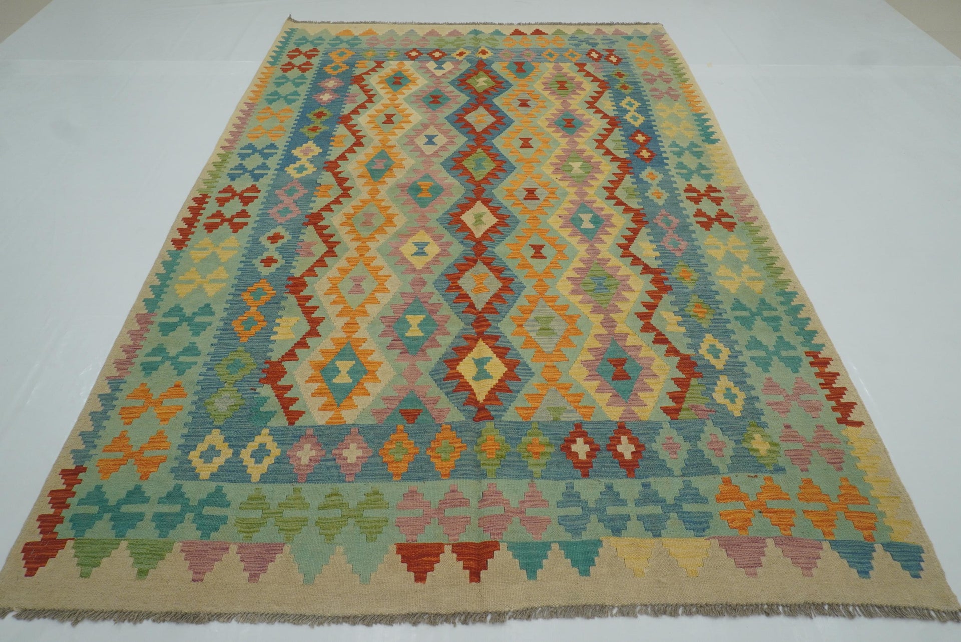 6'6"x9'8" Blue Afghan Handmade Wool Kilim Rug