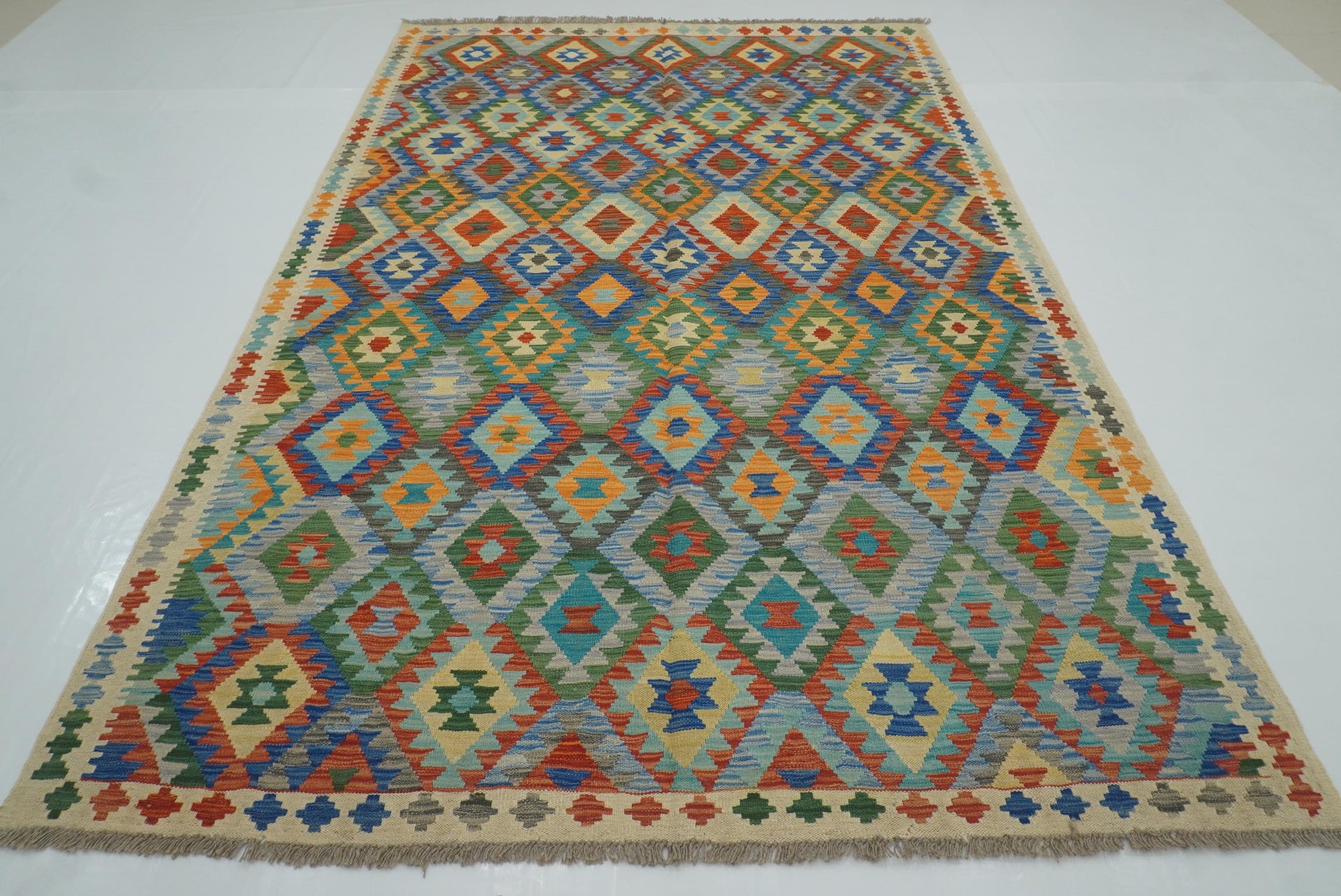 6'6"x9'10" Blue Ivory Afghan Handmade Wool Kilim Rug