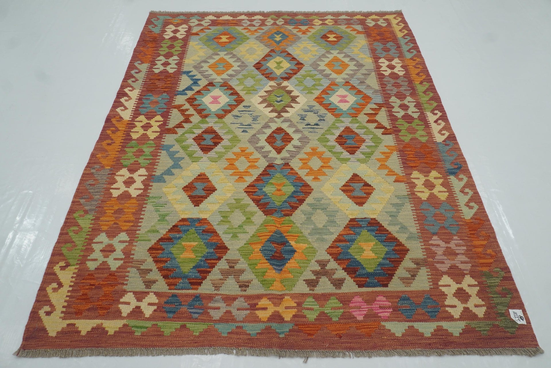 5x7 Red Blue Afghan Handmade Wool Kilim Rug