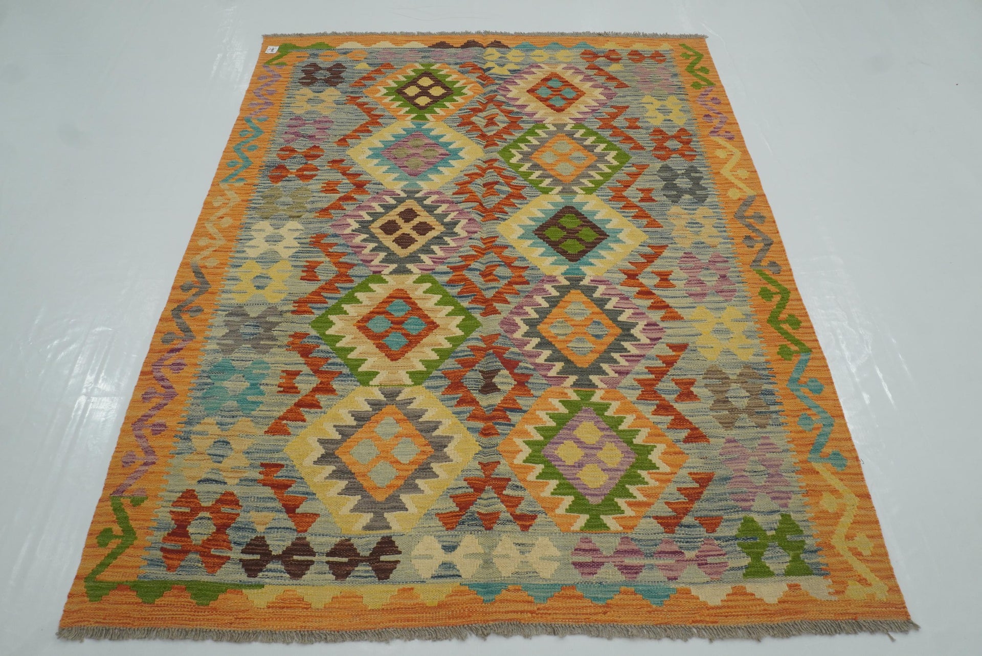 5x7 Orange Blue Afghan Handmade Wool Kilim Rug