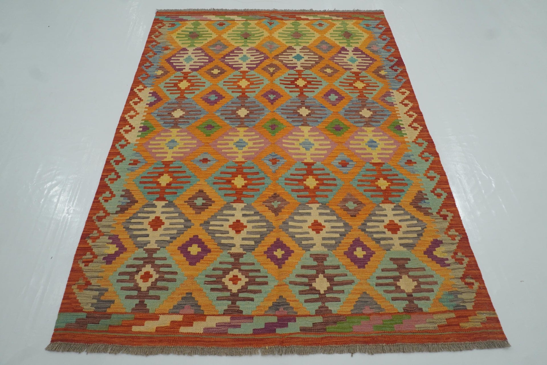 5x7 Orange Red Afghan Handmade Wool Kilim Rug