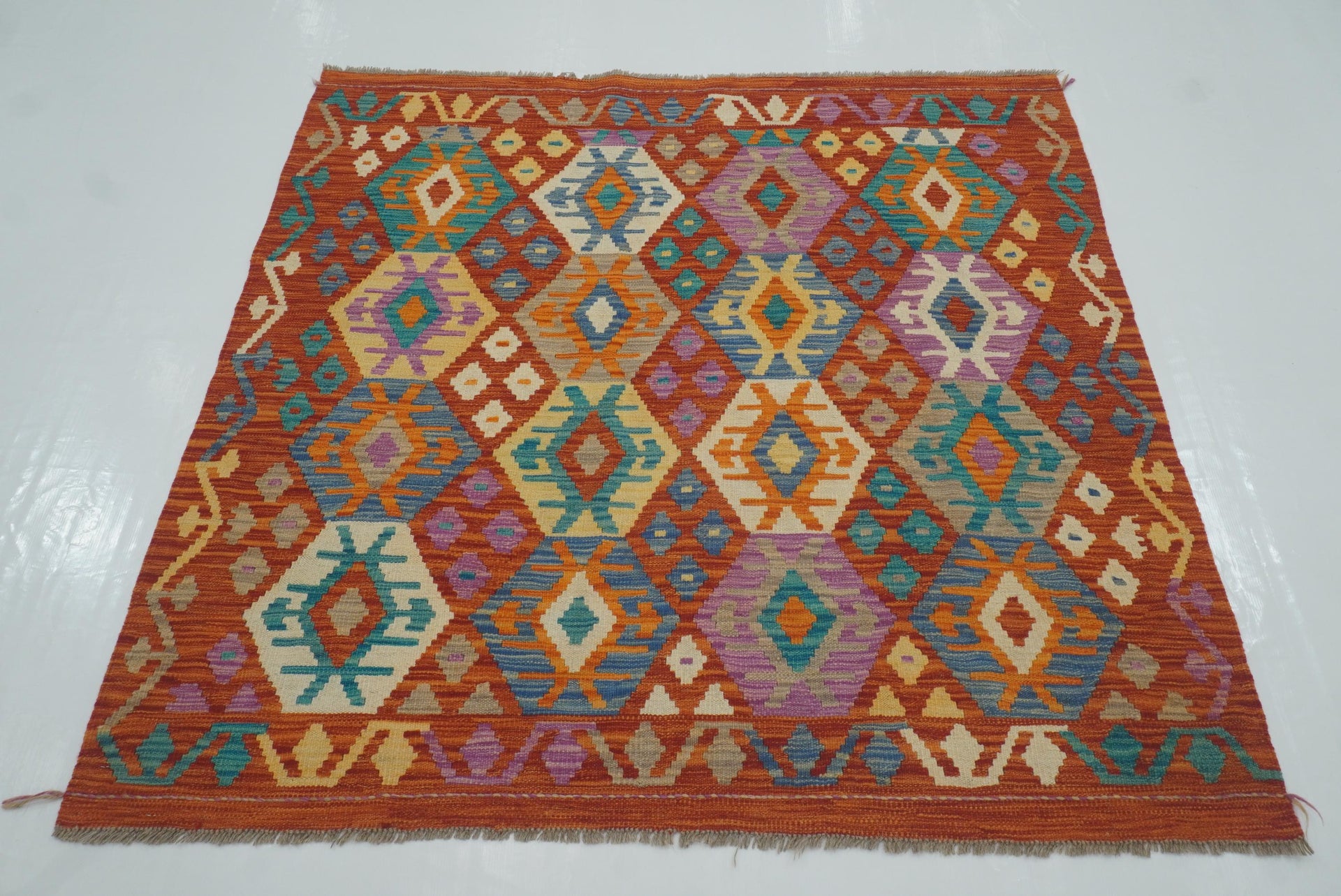 5x5 Red Afghan Handmade Wool Square Kilim Rug