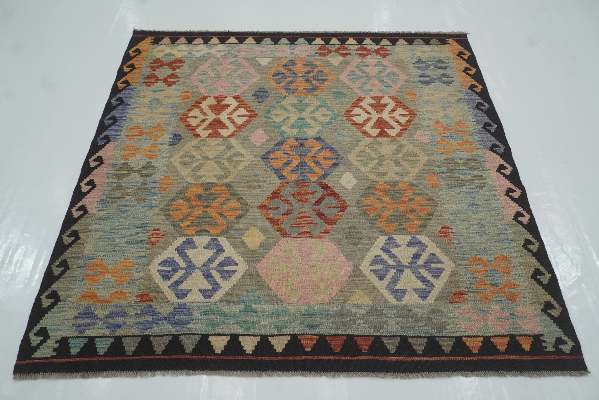 5x5 Gray Afghan Handmade Wool Square Kilim Rug