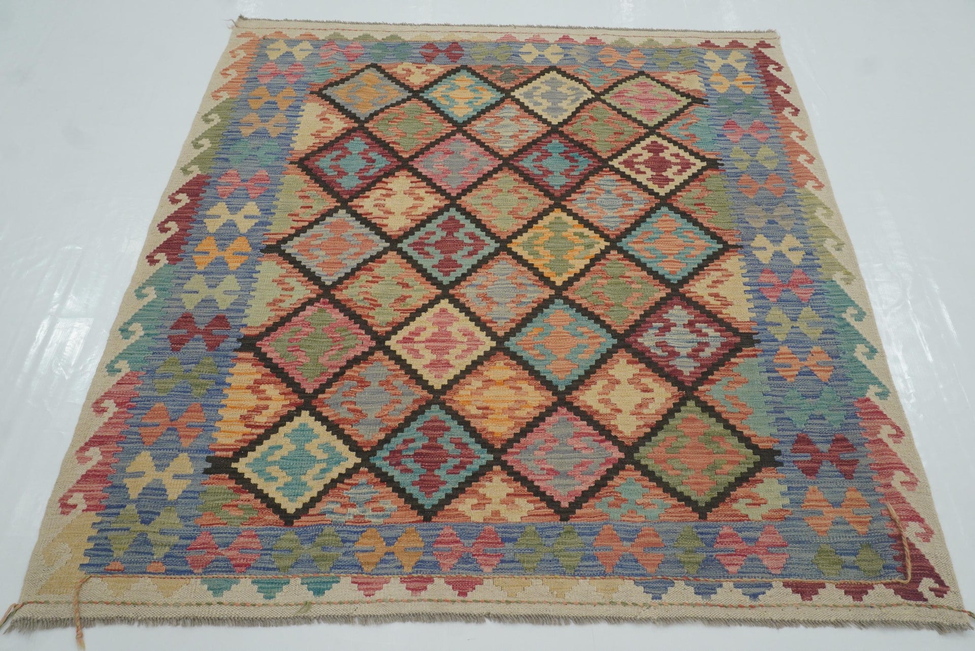 5x5 Multicolor Afghan Handmade Wool Square Kilim Rug