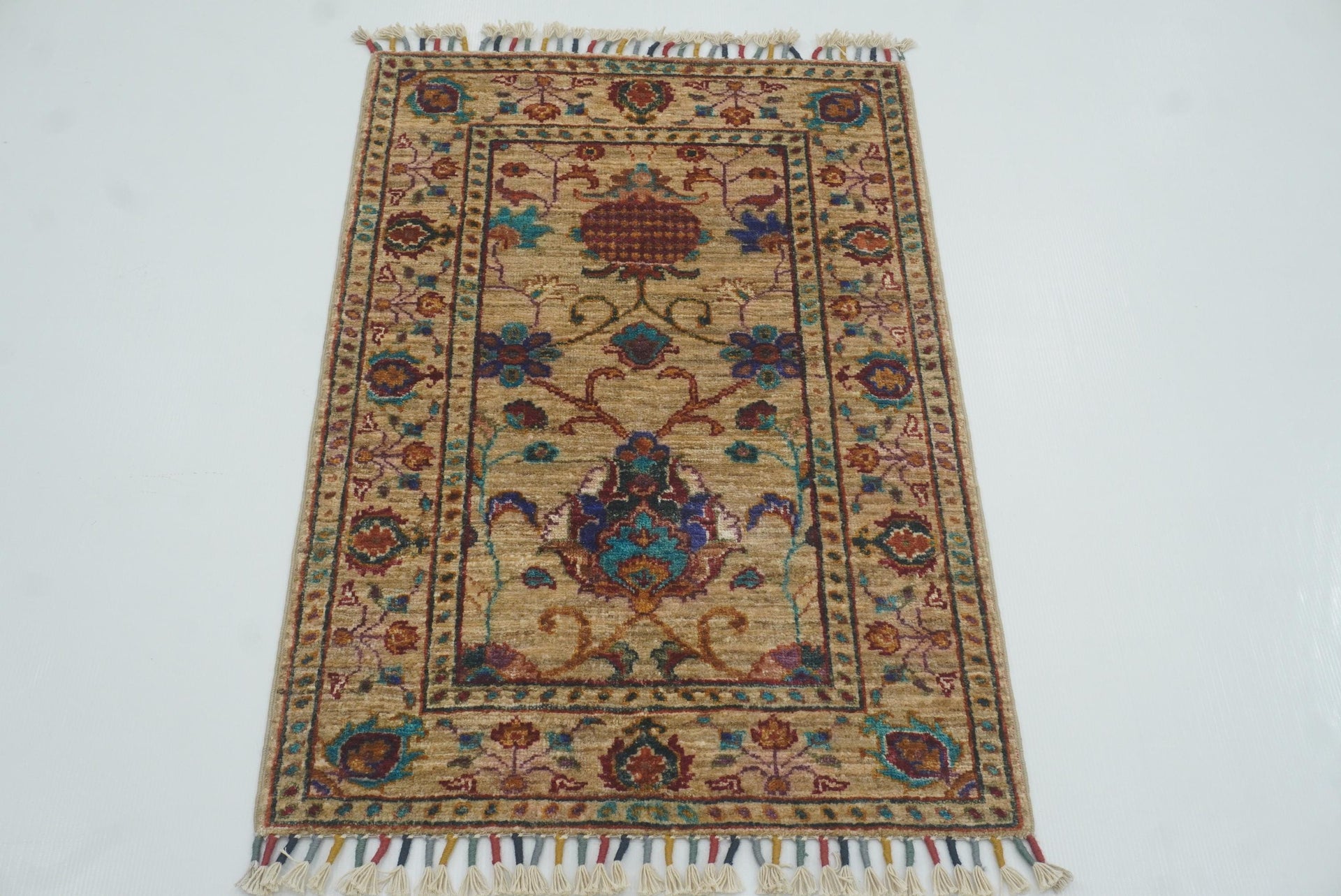 2x3 Beige Afghan Waziri Floral Hand Knotted Rug - Yildiz Rugs