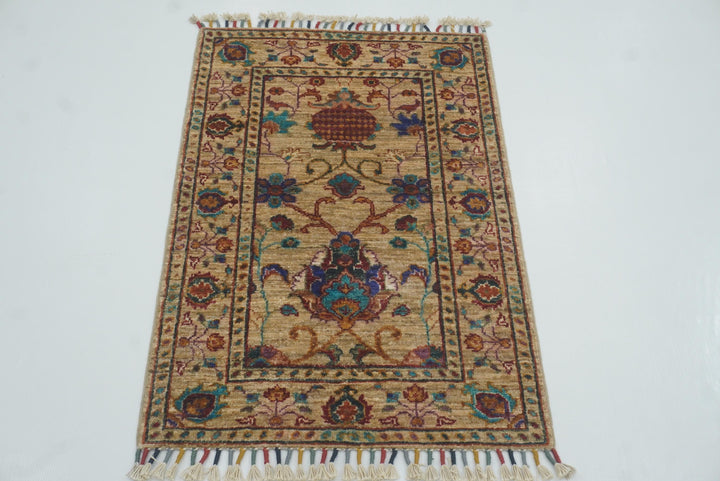 2x3 Beige Afghan Waziri Floral Hand Knotted Rug - Yildiz Rugs