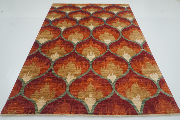 6x9 Red Orange Ikat Afghan Hand-Knotted Rug - Yildiz Rugs