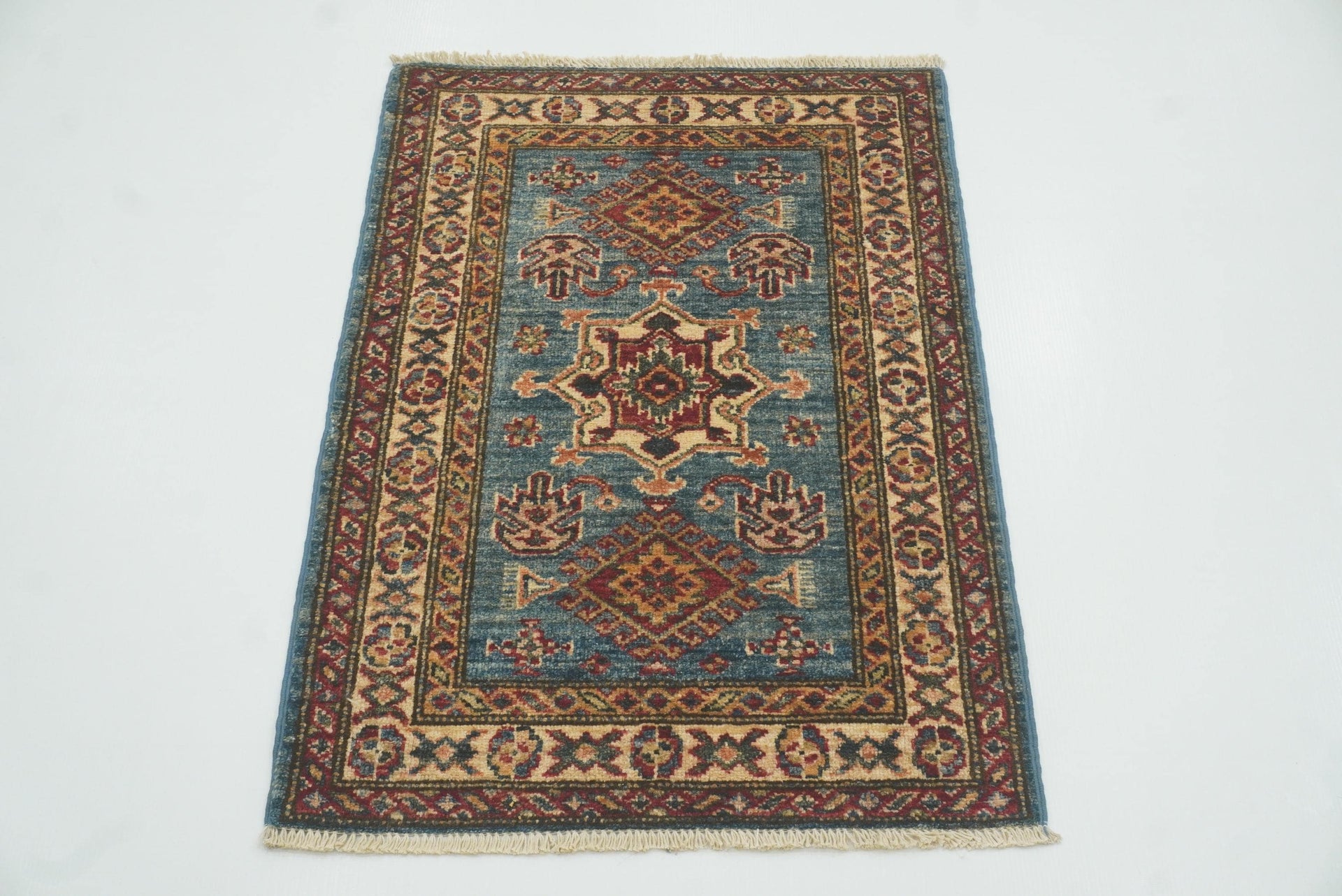 2x3 Blue Kazak Hand-Knotted Afghan Rug - Yildiz Rugs