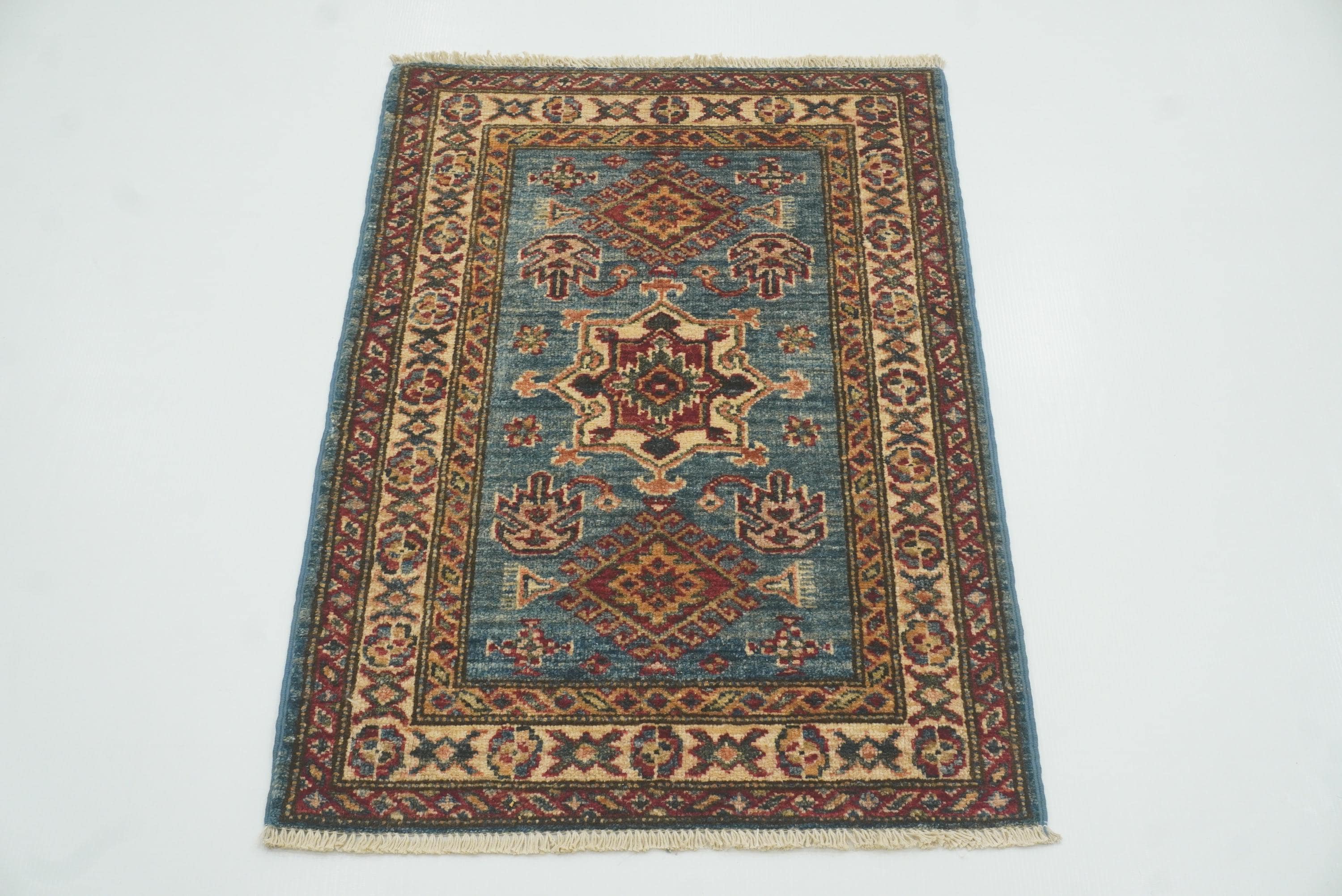 2x3 Blue Kazak Hand-Knotted Afghan Rug - Yildiz Rugs