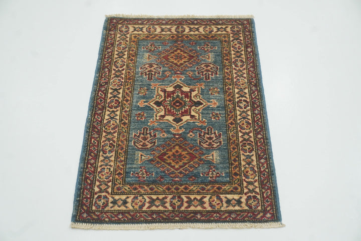 2x3 Blue Kazak Hand-Knotted Afghan Rug - Yildiz Rugs