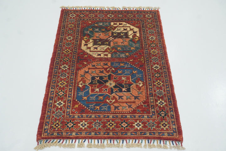 3x4 Red Ersari Hand Knotted Afghan Oriental Rug - Yildiz Rugs