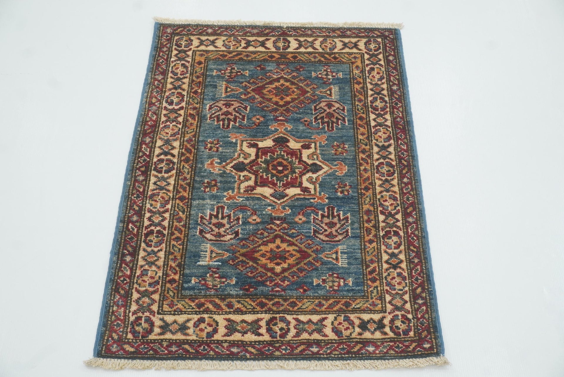 2x3 Blue Kazak Hand-Knotted Afghan Wool Rug - Yildiz Rugs