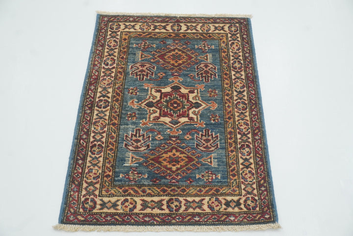 2x3 Blue Kazak Hand-Knotted Afghan Wool Rug - Yildiz Rugs