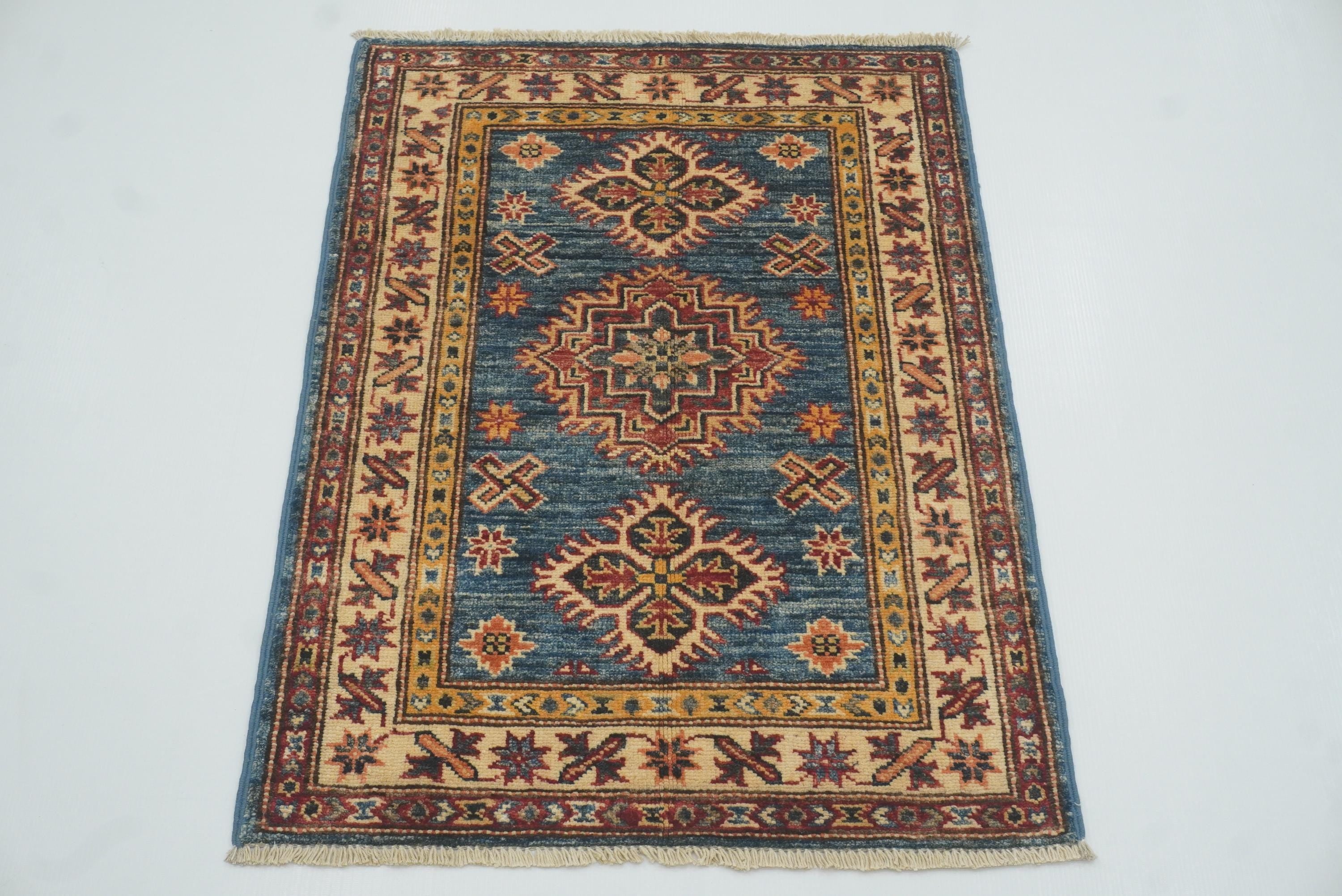 2x3 Blue Kazak Hand-Knotted Afghan Wool Rug - Yildiz Rugs