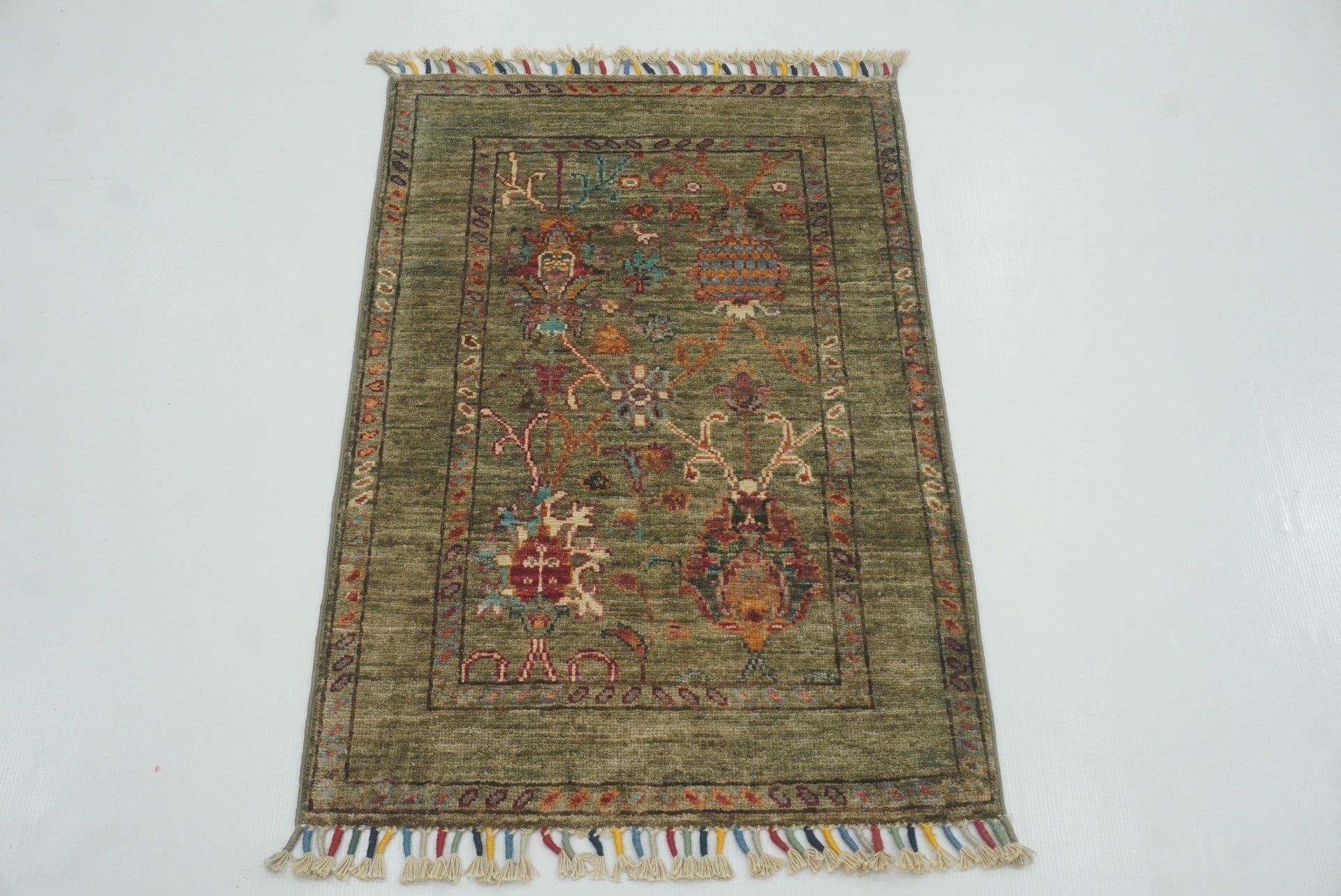 2x3 Green Afghan Waziri Floral Hand Knotted Wool Rug - Yildiz Rugs