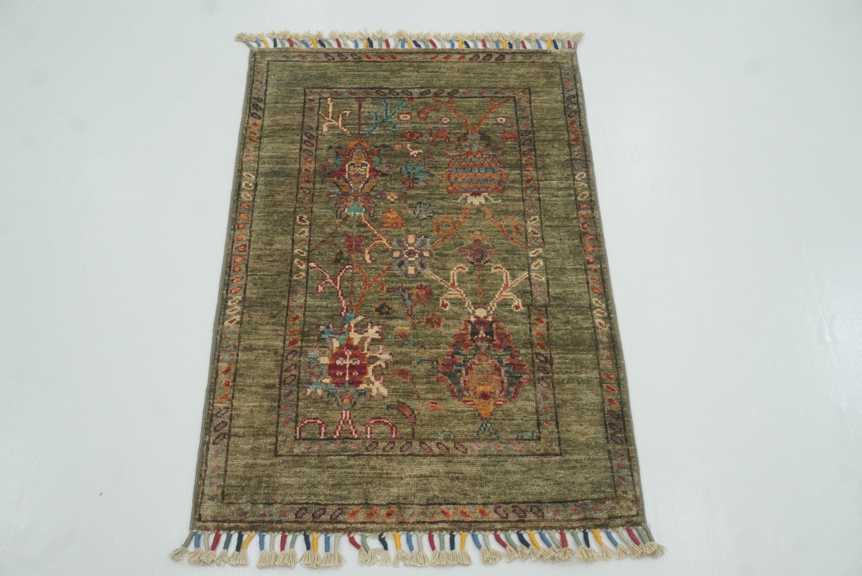 2x3 Green Afghan Waziri Floral Hand Knotted Wool Rug - Yildiz Rugs