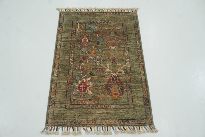 2x3 Green Afghan Waziri Floral Hand Knotted Wool Rug - Yildiz Rugs