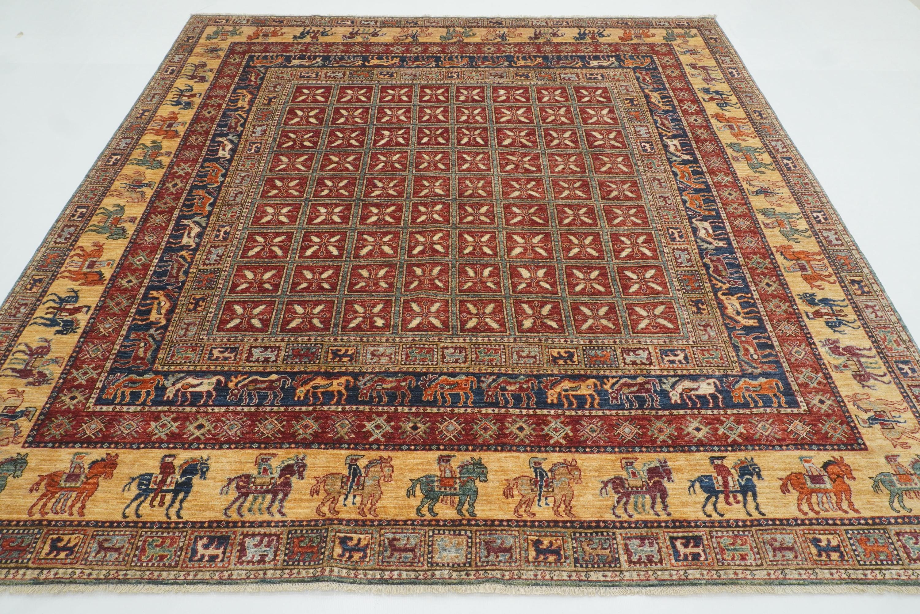8x8 Red Pazyryk Afghan Hand Knotted Wool Oriental Rug - Yildiz Rugs