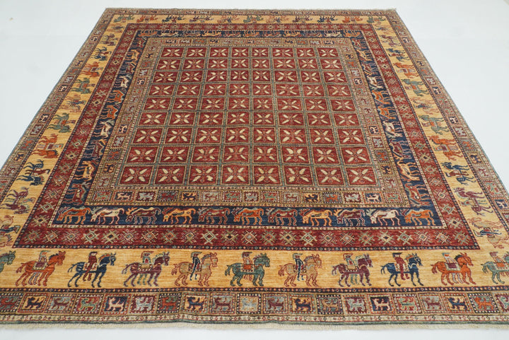 8x8 Red Pazyryk Afghan Hand Knotted Wool Oriental Rug - Yildiz Rugs