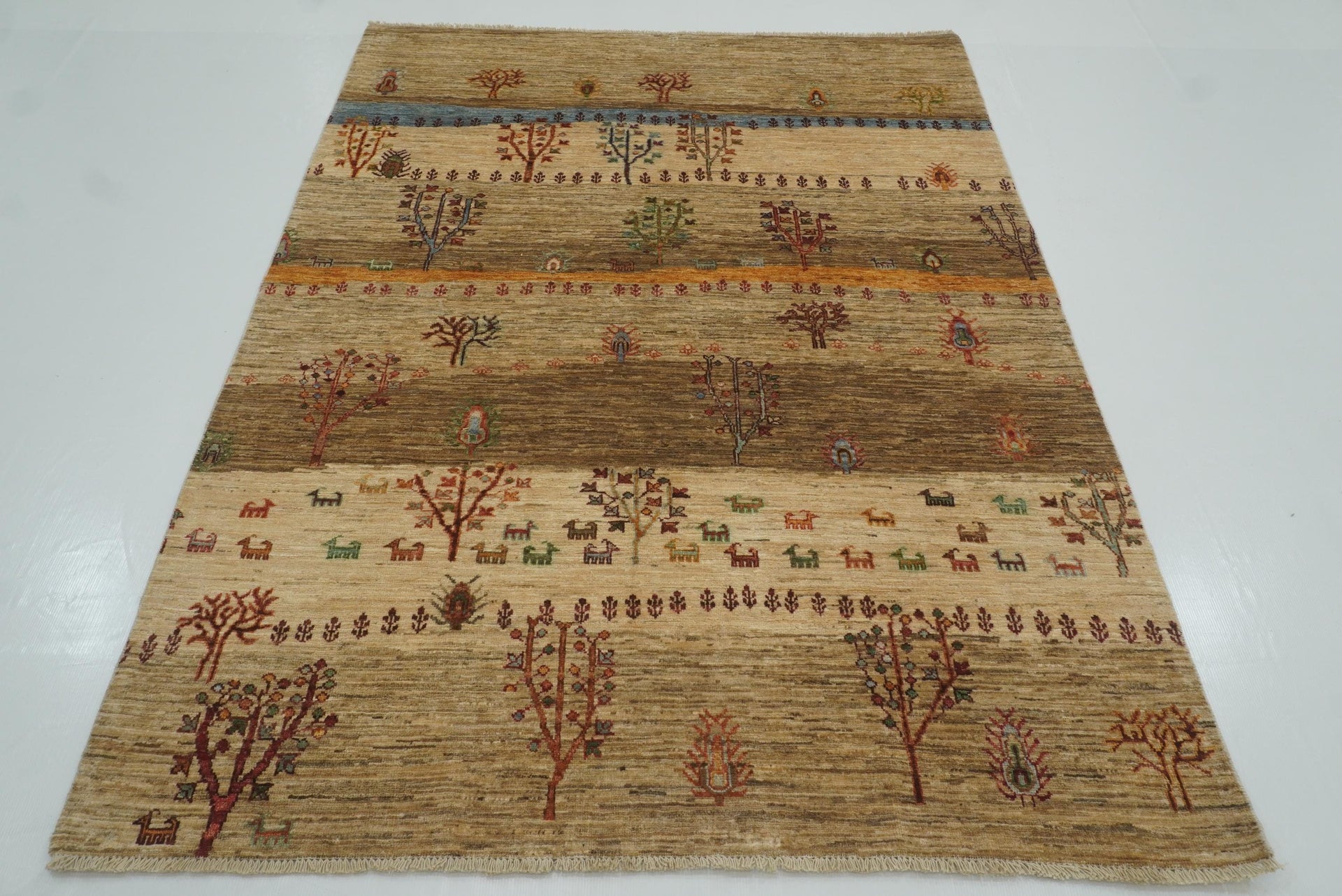 5x7 Beige Gabbeh Tree of Life Hand-Knotted Afghan Wool Rug - Yildiz Rugs