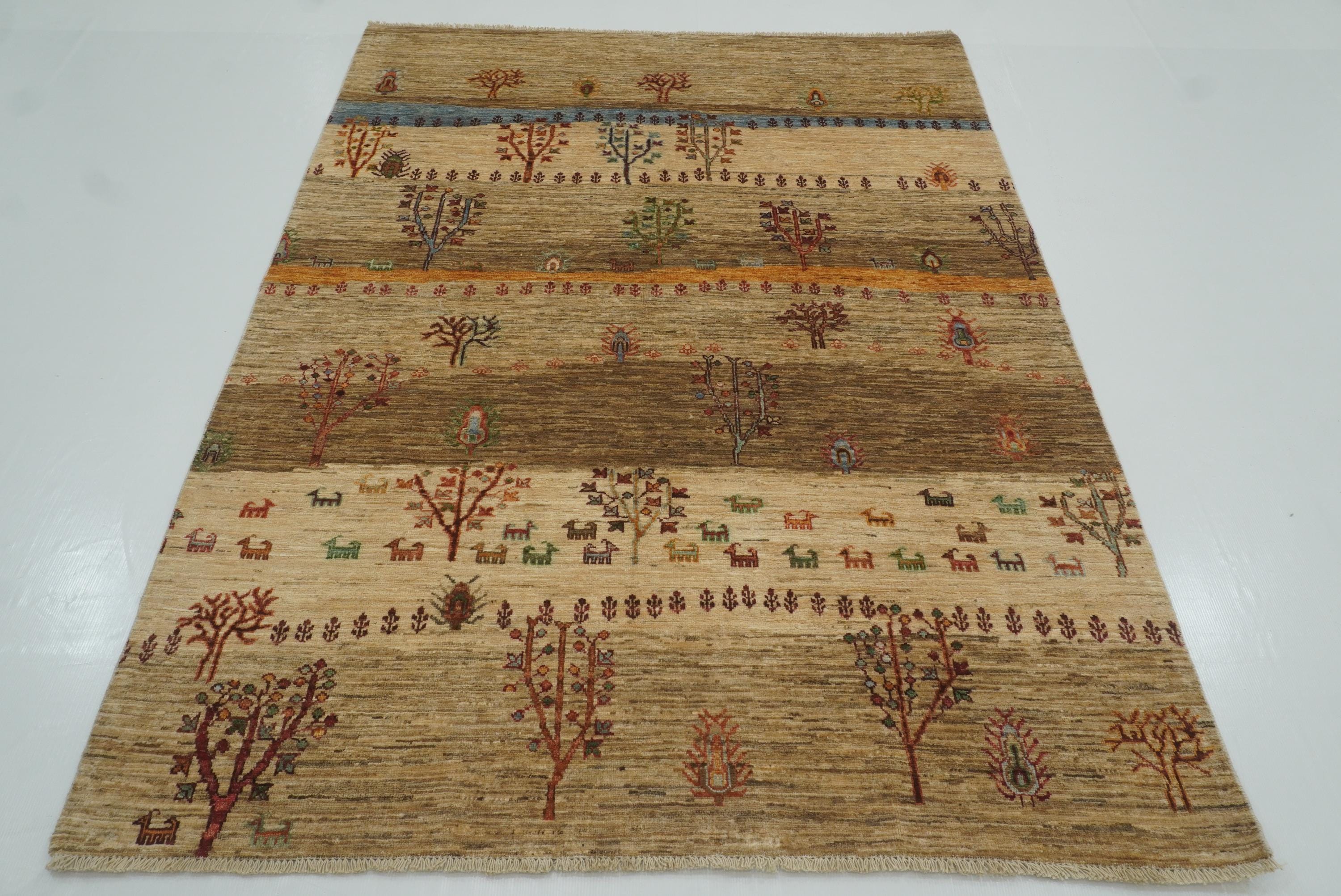 5x7 Beige Gabbeh Tree of Life Hand-Knotted Afghan Wool Rug - Yildiz Rugs