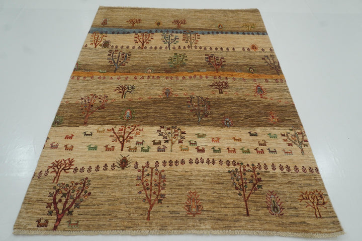 5x7 Beige Gabbeh Tree of Life Hand-Knotted Afghan Wool Rug - Yildiz Rugs