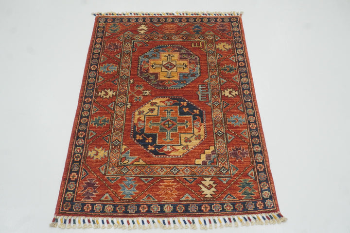3x4 Red Ersari Hand Knotted Afghan Wool Oriental Rug - Yildiz Rugs