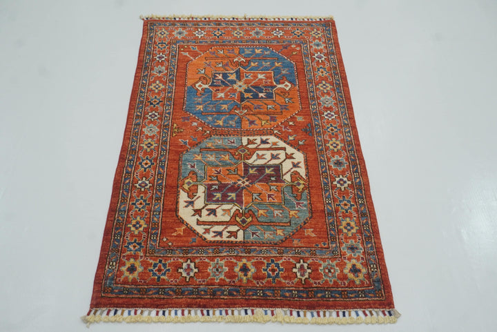 3x4 Red Ersari Hand Knotted Afghan Wool Oriental Rug - Yildiz Rugs