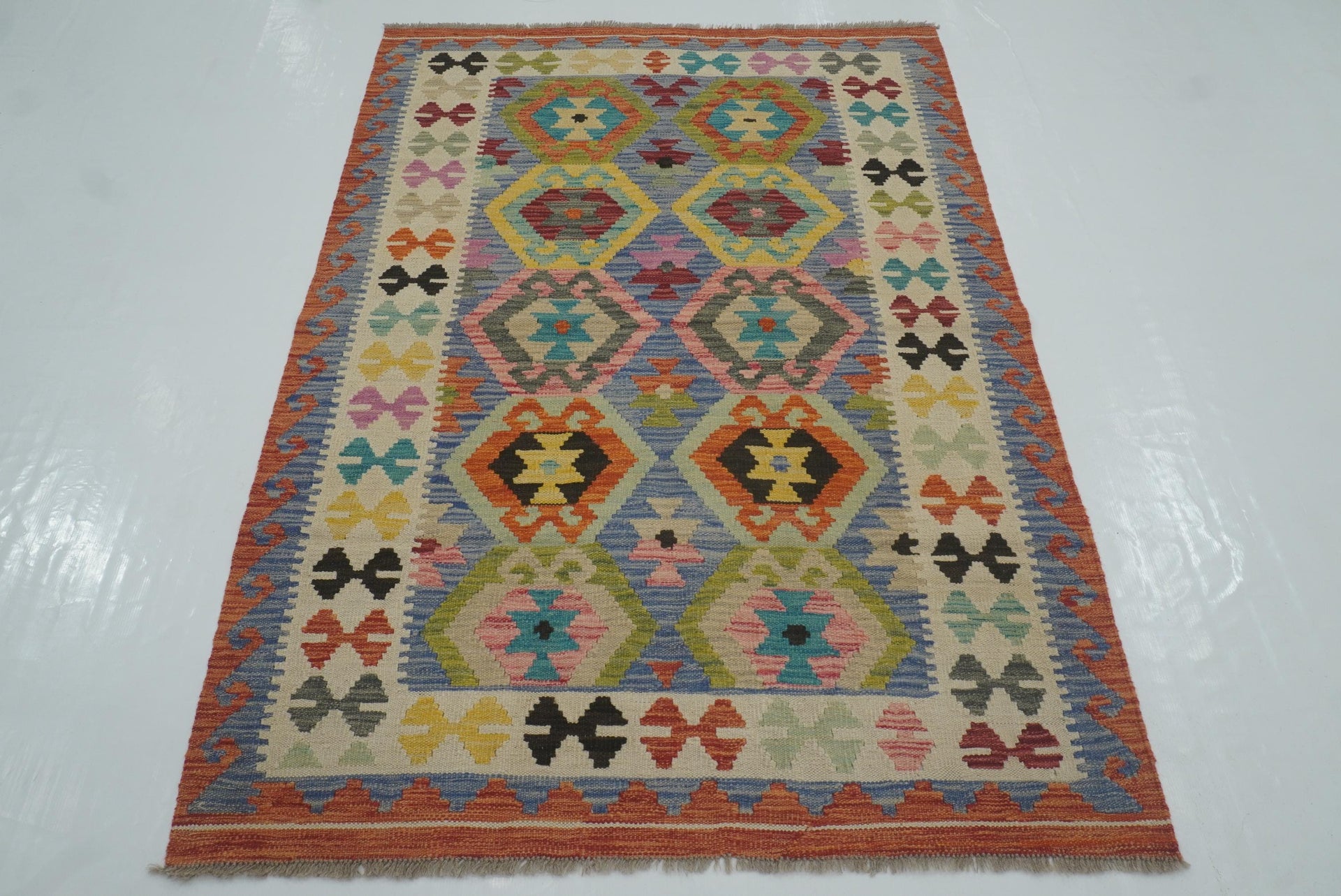 4x6 Blue Afghan Handmade Geometric Kilim Rug