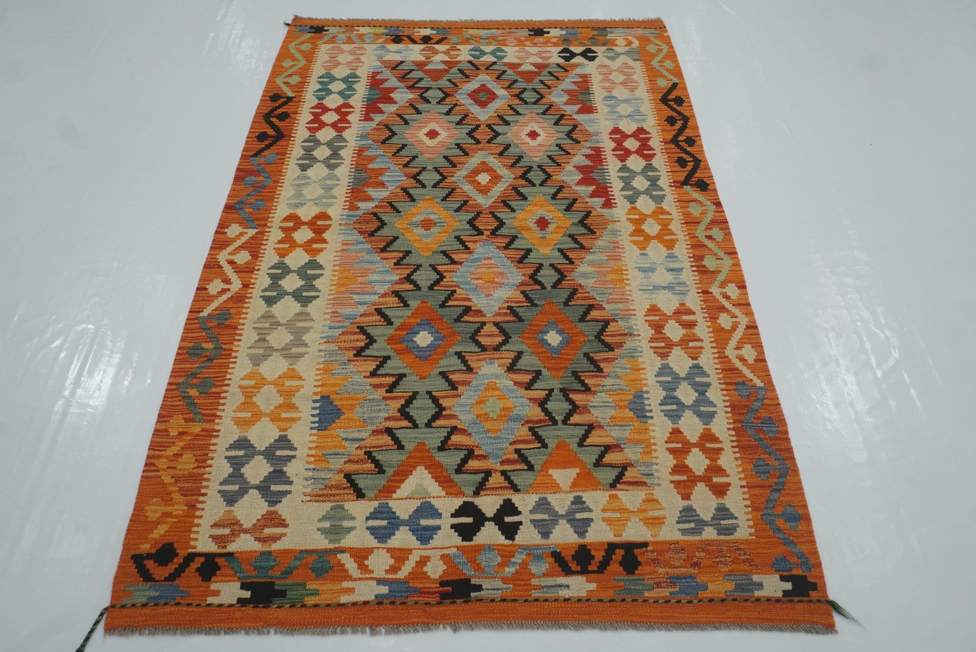 4x6 Orange Afghan Handmade Geometric Kilim Rug