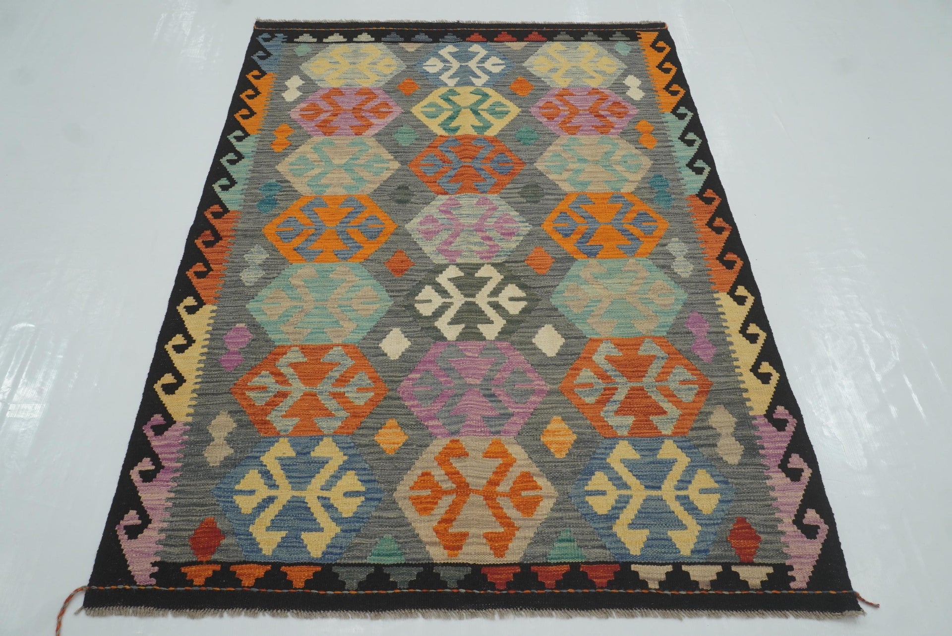 4x6 Gray Afghan Handmade Geometric Kilim Rug
