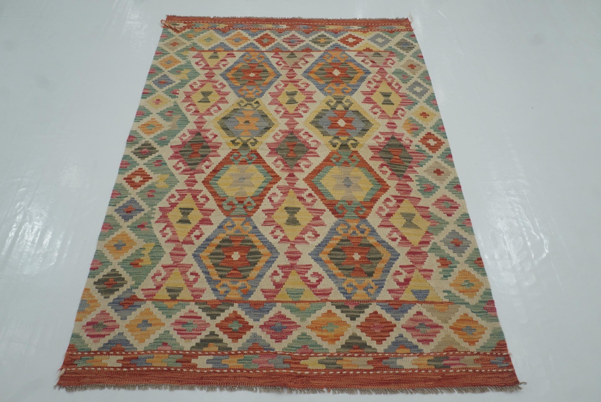 4x6 Ivory Beige Afghan Handmade Geometric Kilim Rug