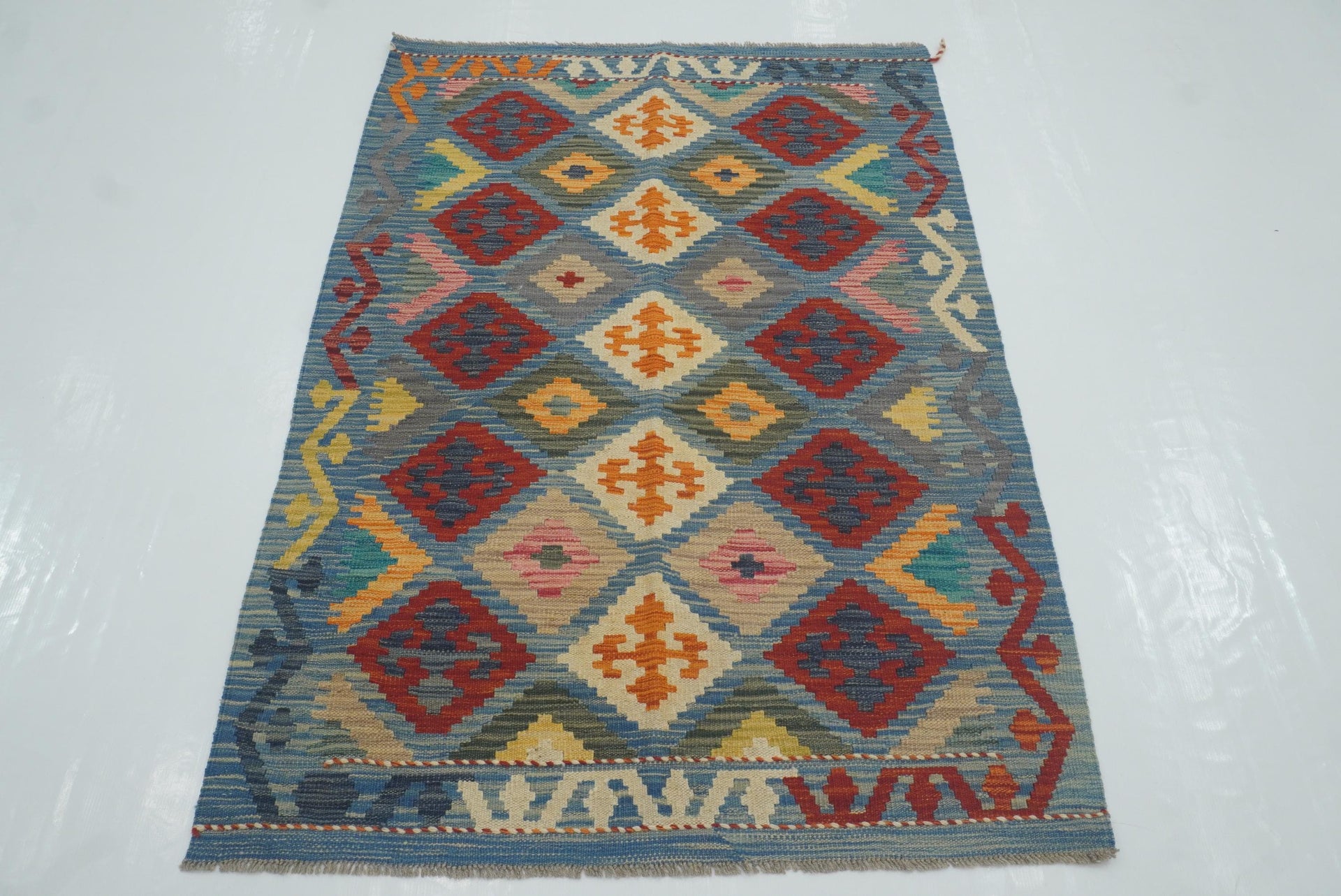 3x5 Blue Afghan Handmade Geometric Kilim Rug