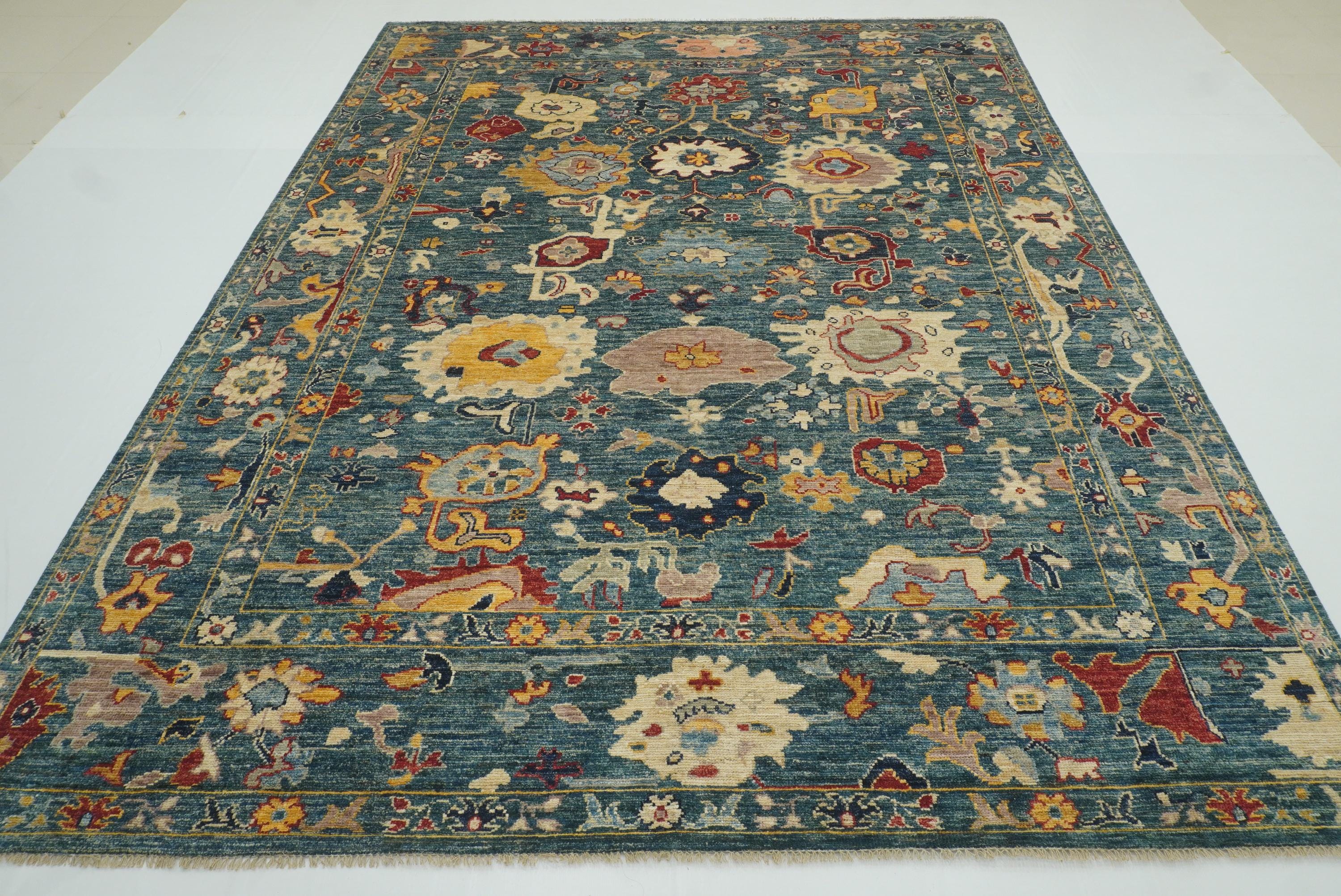 9x12 Teal Blue Oushak Hand-Knotted Turkish Rug - Yildiz Rugs